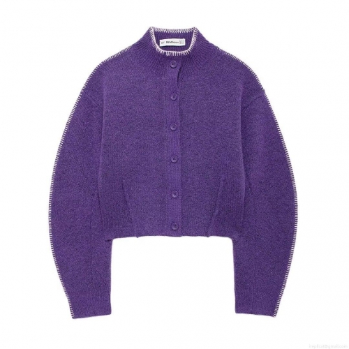 Women Purple Knitted Cardigan Sweater 100% Polyester Contrast Stitching High Neck Loose Long Sleeve Knitwear For Autumn Winter Daily Wear Casual Lazy Style