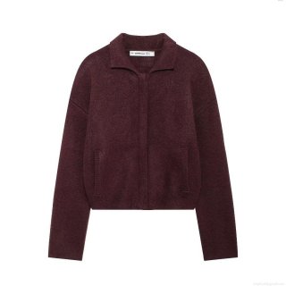 Women's Autumn Winter Burgundy Red Knit Sweater Jacket Lapel Zipper Cardigan Loose Casual Long Sleeve Outwear Coat For Women
