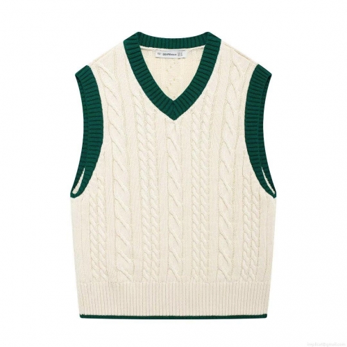 Women Preppy Style V-Neck Knitted Sweater Vest 100% Polyester Cable Knit Sleeveless Color Block Trim Top Casual Knitwear For Lady