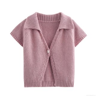 Women's Sweet Cute Knitted Short Sleeve Cardigan V-neck Lapel Single Button Solid Color Polyester Knit Sweater Top for Early Autumn Casual Daily Wearing
