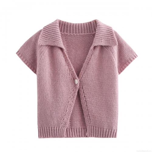 Women's Sweet Cute Knitted Short Sleeve Cardigan V-neck Lapel Single Button Solid Color Polyester Knit Sweater Top for Early Autumn Casual Daily Wearing