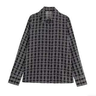 Women's Elegant Geometric Print Lapel Long Sleeve Satin Blouse Single Breasted Button Up Commuter Office Casual Loose Shirt Top