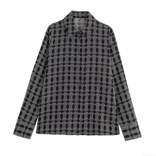 Women's Elegant Geometric Print Lapel Long Sleeve Satin Blouse Single Breasted Button Up Commuter Office Casual Loose Shirt Top