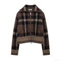 Women's Vintage British Style Plaid Knitted Sweater Cardigan Zipper Jacket Geometric Print Turn-down Collar Loose Casual Autumn Winter Warm Outwear Tops