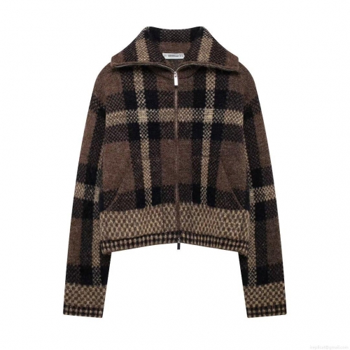Women's Vintage British Style Plaid Knitted Sweater Cardigan Zipper Jacket Geometric Print Turn-down Collar Loose Casual Autumn Winter Warm Outwear Tops