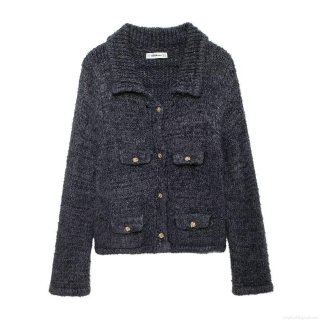 Women's Knit Cardigan Sweater Lapel Long Sleeve Casual Loose Knitwear Coat With Gold Buttons And Pockets Autumn Winter Top