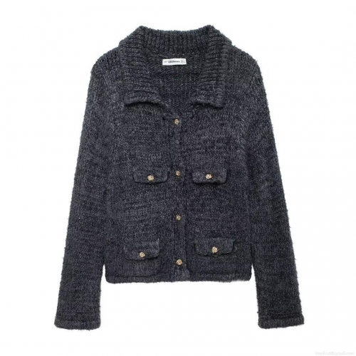 Women's Knit Cardigan Sweater Lapel Long Sleeve Casual Loose Knitwear Coat With Gold Buttons And Pockets Autumn Winter Top