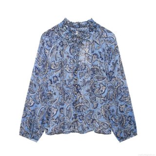 Women's Long Sleeve Blue Paisley Print Chiffon Blouse Elegant Ruffle Stand Collar Tie-Neck Casual Loose Fit Shirts For Women Daily Wear Retro Style Top