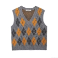 Women's Retro Argyle Knitted Vest V-Neck Sleeveless Preppy Style Sweater Tank Top Loose Fit Polyester Jacquard Waistcoat For Autumn School Daily