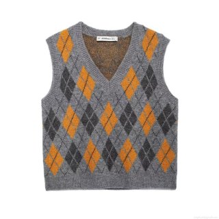 Women's Retro Argyle Knitted Vest V-Neck Sleeveless Preppy Style Sweater Tank Top Loose Fit Polyester Jacquard Waistcoat For Autumn School Daily