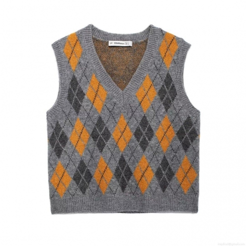 Women's Retro Argyle Knitted Vest V-Neck Sleeveless Preppy Style Sweater Tank Top Loose Fit Polyester Jacquard Waistcoat For Autumn School Daily
