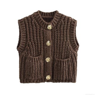 Women's Retro Western Coarse Knit Sweater Vest Round Neck Sleeveless Short Cardigan With Metal Buttons And Patch Pockets Loose Autumn Winter Knitwear Top