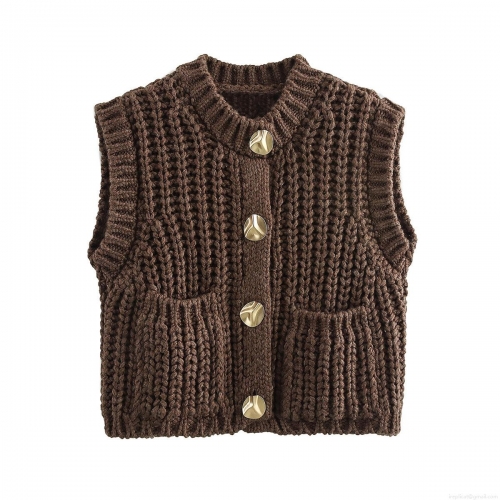 Women's Retro Western Coarse Knit Sweater Vest Round Neck Sleeveless Short Cardigan With Metal Buttons And Patch Pockets Loose Autumn Winter Knitwear Top