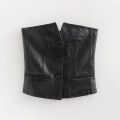Women's Sexy Faux Leather Tube Top Vest Strapless Slim Fit Button Front Crop Top Sexy Streetwear Party Tank Top Black