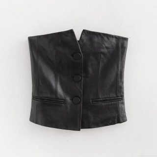 Women's Sexy Faux Leather Tube Top Vest Strapless Slim Fit Button Front Crop Top Sexy Streetwear Party Tank Top Black