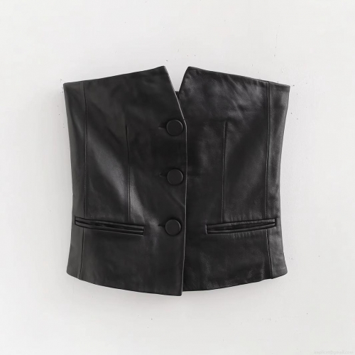 Women's Sexy Faux Leather Tube Top Vest Strapless Slim Fit Button Front Crop Top Sexy Streetwear Party Tank Top Black