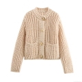 Women's Lazy Style Round Neck Coarse Knit Sweater Cardigan With Gold Buttons And Pockets Loose Short Knitwear For Autumn Winter
