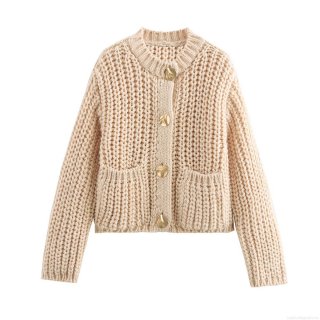 Women's Lazy Style Round Neck Coarse Knit Sweater Cardigan With Gold Buttons And Pockets Loose Short Knitwear For Autumn Winter