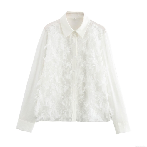Elegant French Style White Mesh Blouse Women Polyester Long Sleeve Blouse With Feather Texture Turn-down Collar Button Up Loose Fit Autumn Shirt
