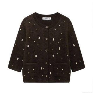 Women Round Neck Half Sleeve Knit Cardigan Sweater With Rhinestone Decoration And Golden Studs Autumn Winter Elegant Loose Fit Polyester Knitwear Top