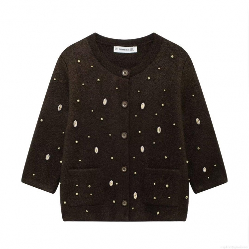 Women Round Neck Half Sleeve Knit Cardigan Sweater With Rhinestone Decoration And Golden Studs Autumn Winter Elegant Loose Fit Polyester Knitwear Top