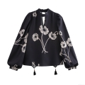 Women's Vintage Floral Print Blouse Elegant Stand Collar Hollow Out Lantern Sleeve Shirt With Tassel Casual Polyester Top For Women