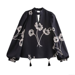 Women's Vintage Floral Print Blouse Elegant Stand Collar Hollow Out Lantern Sleeve Shirt With Tassel Casual Polyester Top For Women