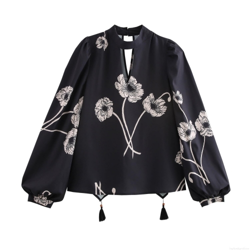 Women's Vintage Floral Print Blouse Elegant Stand Collar Hollow Out Lantern Sleeve Shirt With Tassel Casual Polyester Top For Women