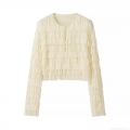 Women Western Style Fringe Layered Blouse Round Neck Long Sleeve Cropped Cardigan Sweet Solid Color Polyester Top For Lady