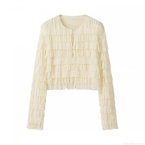 Women Western Style Fringe Layered Blouse Round Neck Long Sleeve Cropped Cardigan Sweet Solid Color Polyester Top For Lady