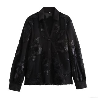 Women's Elegant Mesh Shirt 3D Floral Embroidery V-Neck Long Sleeve Sheer Sexy Blouse Office Lady Commute Autumn Casual Black Top Apparel