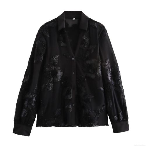 Women's Elegant Mesh Shirt 3D Floral Embroidery V-Neck Long Sleeve Sheer Sexy Blouse Office Lady Commute Autumn Casual Black Top Apparel