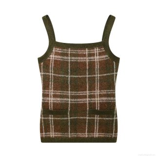 Retro British Style Plaid Knit Camisole Women Slim Fit Sleeveless Crop Top With Decorative Pockets Army Green Comfortable Pullover Top