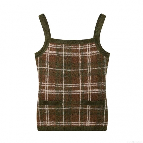 Retro British Style Plaid Knit Camisole Women Slim Fit Sleeveless Crop Top With Decorative Pockets Army Green Comfortable Pullover Top
