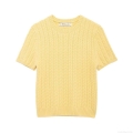 Women's Sweet Yellow Cable Knit Short Sleeve Sweater Round Neck Casual Polyester Pullover Knitted Top For Daily Wear