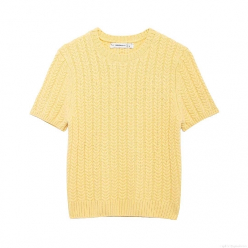 Women's Sweet Yellow Cable Knit Short Sleeve Sweater Round Neck Casual Polyester Pullover Knitted Top For Daily Wear