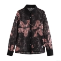 Elegant Women's Black Lace Blouse Long Sleeve Floral Print Button Down Shirt Lapel Collar Sophisticated Vintage Tops Party Office Casual Autumn Winter
