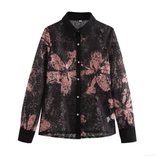 Elegant Women's Black Lace Blouse Long Sleeve Floral Print Button Down Shirt Lapel Collar Sophisticated Vintage Tops Party Office Casual Autumn Winter