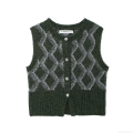 Women's Vintage Argyle Knitted Vest Round Neck Sleeveless Sweater Cardigan British Style Loose Plaid Waistcoat For Fall Winter