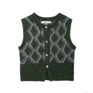 Women's Vintage Argyle Knitted Vest Round Neck Sleeveless Sweater Cardigan British Style Loose Plaid Waistcoat For Fall Winter