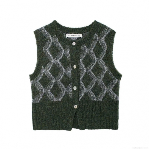 Women's Vintage Argyle Knitted Vest Round Neck Sleeveless Sweater Cardigan British Style Loose Plaid Waistcoat For Fall Winter