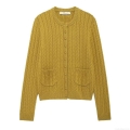 Women's Retro Mustard Yellow Cable Knit Cardigan Sweater Round Neck Long Sleeve Button Up Top With Patch Pockets Casual Loose Knitwear