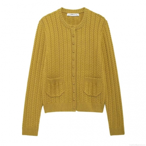 Women's Retro Mustard Yellow Cable Knit Cardigan Sweater Round Neck Long Sleeve Button Up Top With Patch Pockets Casual Loose Knitwear