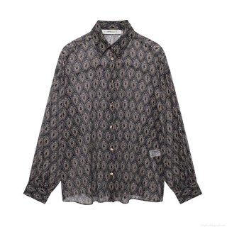 Women's Casual Long Sleeve Lapel Shirt 100% Polyester Chiffon Blouse Geometric Paisley Print Single Breasted Golden Buttons Office Commuter Top
