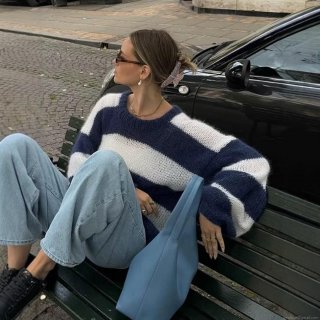 Women's Striped Knit Sweater Loose Round Neck Long Sleeve Pullover Soft Lazy Style Jumper For Autumn Winter Casual Streetwear Top