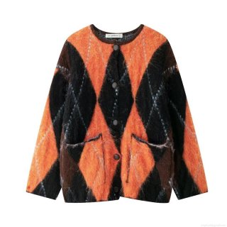 Women's Argyle Knit Cardigan Sweater Loose Long Sleeve Round Neck Button Down Jacket With Pockets Casual Halloween Pumpkin Color Knitwear For Women
