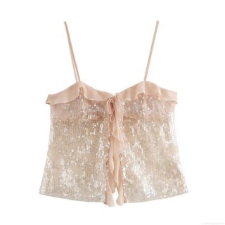 Women's Sweet Sequin Cami Top With Ruffle Detail And Bow Tie Sleeveless Loose Sparkly Camisole For Summer Party Daily Wear