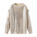 Women's Metallic Gold Knit Sweater Round Neck Ruffle Trim Shiny Long Sleeve Pullover Loose Fit Autumn Winter Party Top Jumper