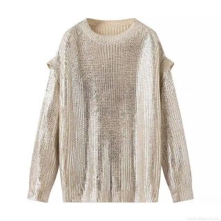 Women's Metallic Gold Knit Sweater Round Neck Ruffle Trim Shiny Long Sleeve Pullover Loose Fit Autumn Winter Party Top Jumper