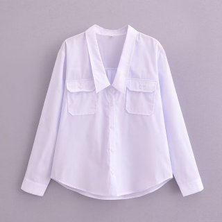 Women's Elegant Deep V Neck Button Down Blouse Long Sleeve Solid Color Pocket Commuter Shirt 100% Polyester Loose Tops For Office Lady Casual Wear